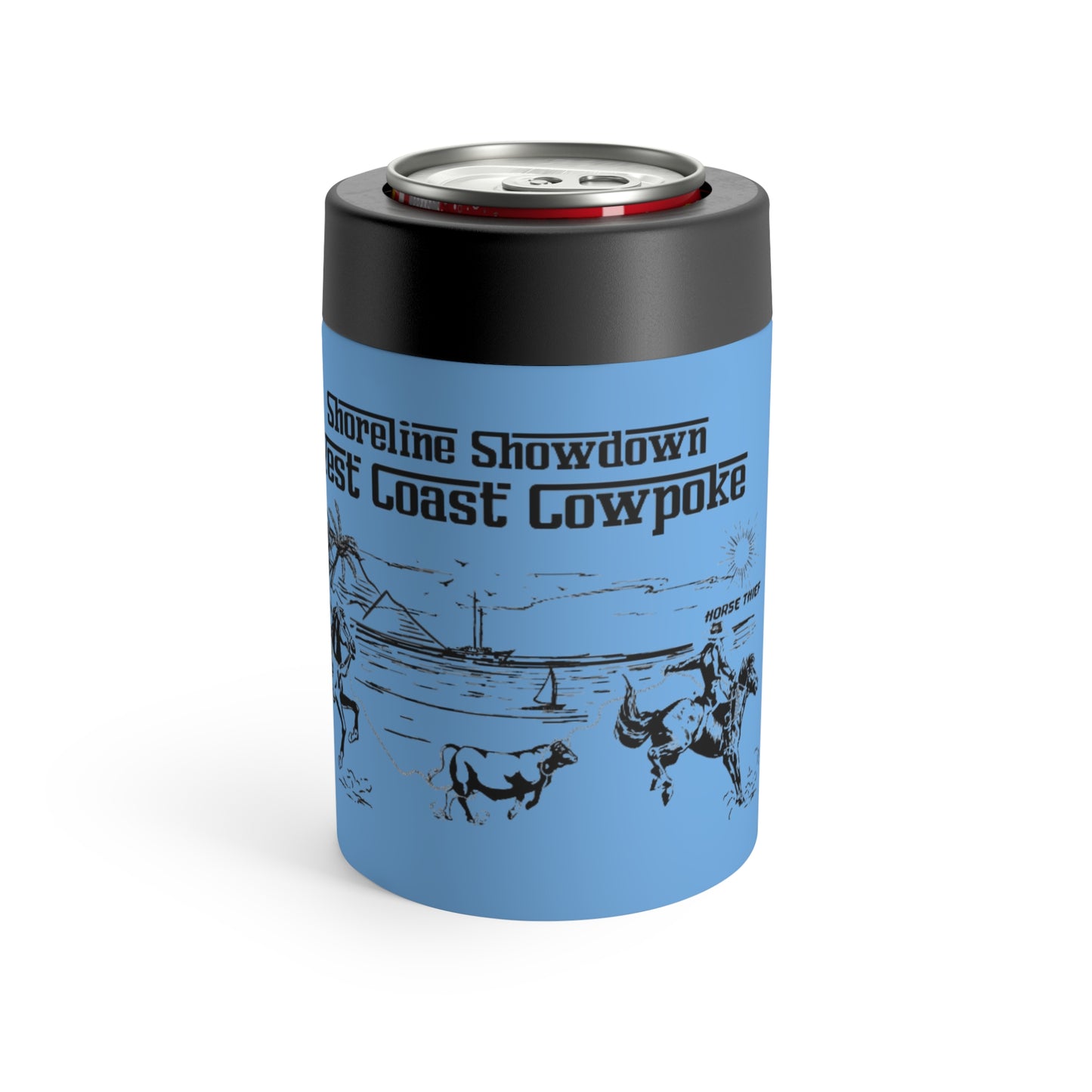 Shoreline Showdown: West Coast Cowpoke Simplified Design (12 Oz Can Tumbler)