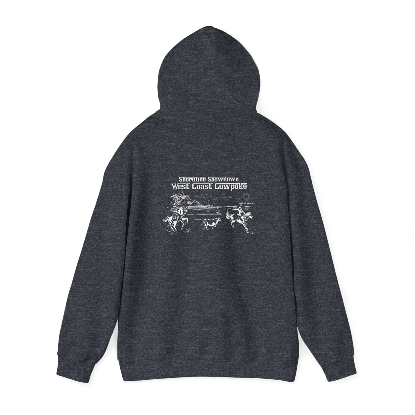 Shoreline Showdown, West Coast Cowpoke, Simplified Design (Dark Hoodie)