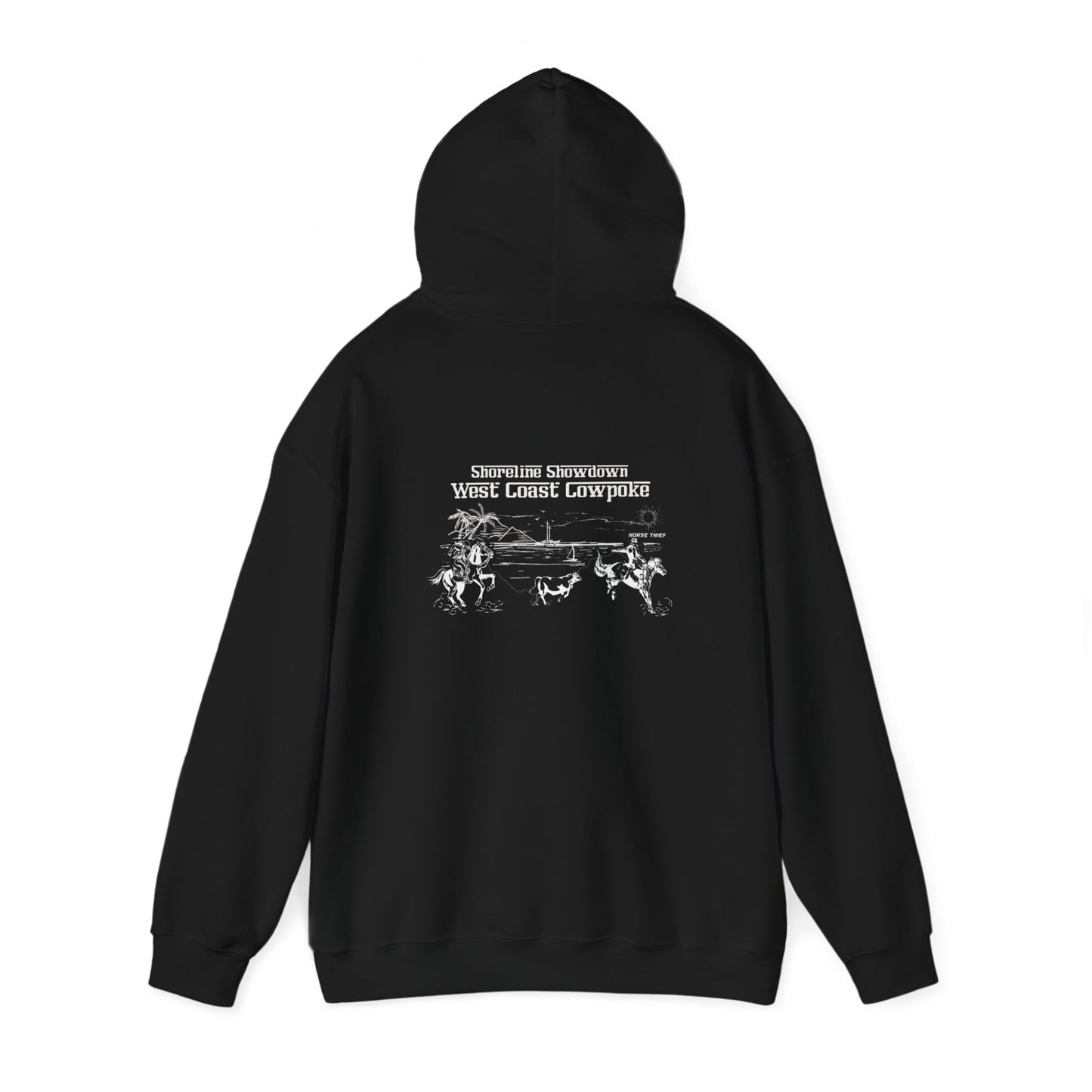 Shoreline Showdown, West Coast Cowpoke, Simplified Design (Dark Hoodie)