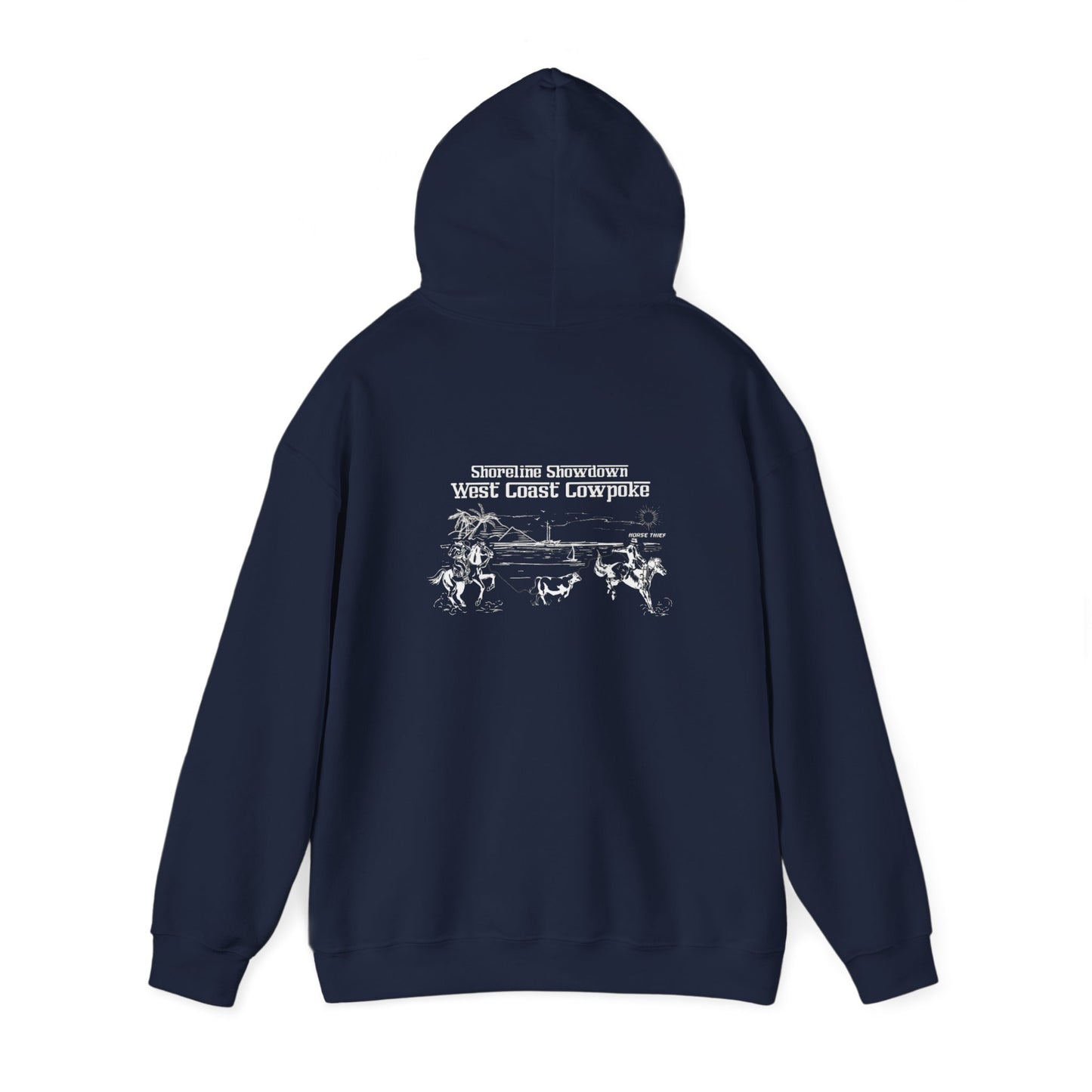 Shoreline Showdown, West Coast Cowpoke, Simplified Design (Dark Hoodie)