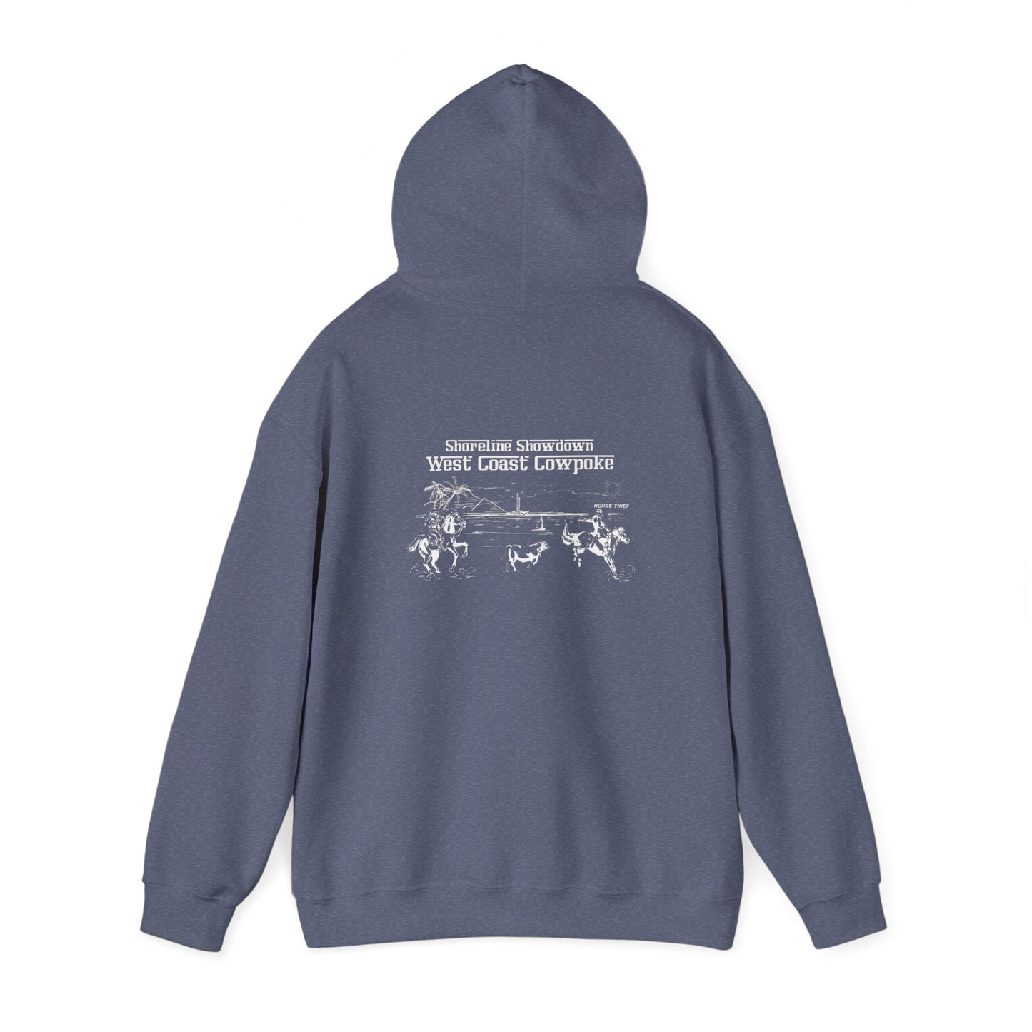 Shoreline Showdown, West Coast Cowpoke, Simplified Design (Dark Hoodie)